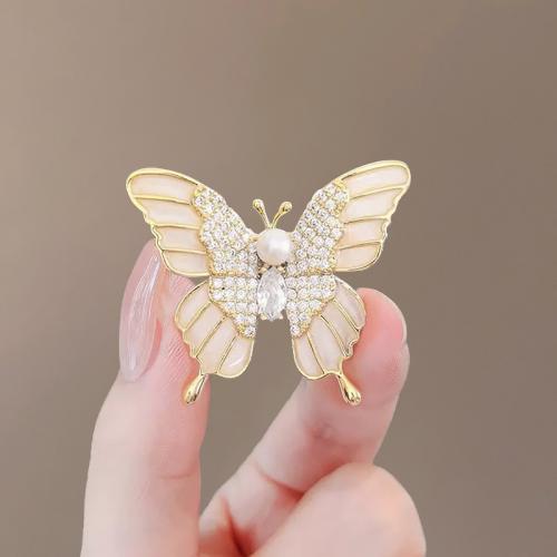 Zinc Alloy Brooches with ABS Plastic Pearl Butterfly plated fashion jewelry & enamel & with rhinestone golden nickel lead & cadmium free Sold By PC