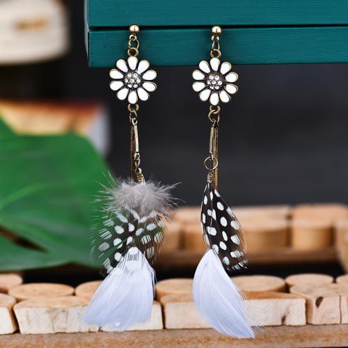 Zinc Alloy Drop Earrings with Feather plated fashion jewelry & for woman & enamel & with rhinestone nickel lead & cadmium free 88mm Sold By Pair