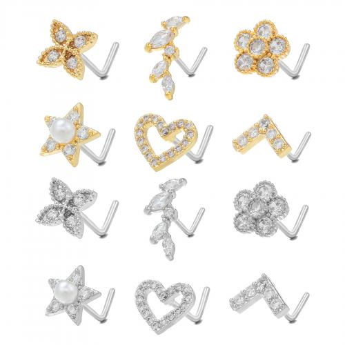 Sárgaréz Orr piercing ékszerek, -val Műanyag Pearl, galvanizált, egynemű & különböző stílusokat a választás & mikro egyengetni cirkónia, nose piercing jewelry length 5-20mm, Által értékesített PC