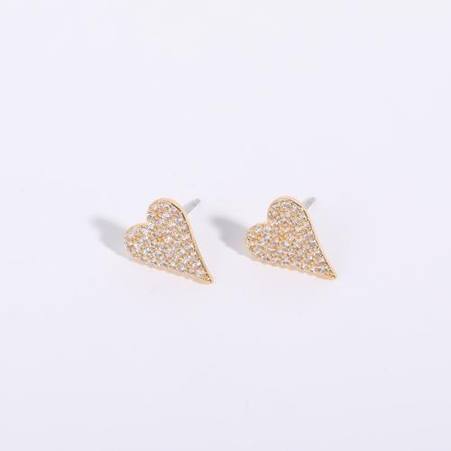 Cubic Zirconia Micro Pave Brass Earring Heart & micro pave cubic zirconia & for woman golden nickel lead & cadmium free Sold By Pair