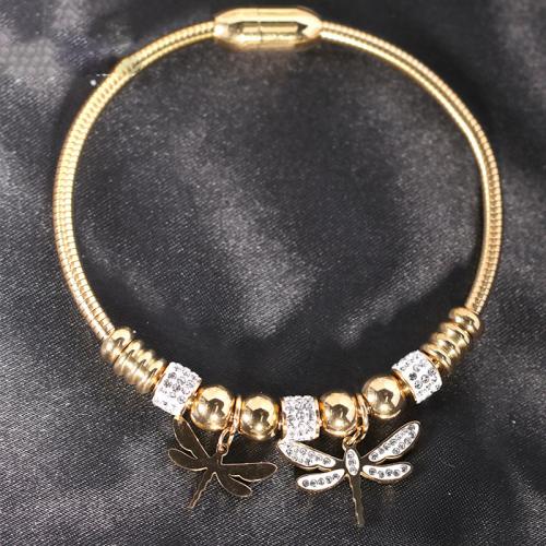 304 Stainless Steel European Bangle Dragonfly Vacuum Ion Plating fashion jewelry & for woman & with rhinestone Length Approx 17 cm Sold By PC