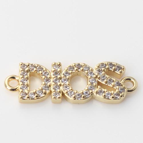 Cubic Zirconia Micro Pave Brass Connector Alphabet Letter gold color plated DIY & micro pave cubic zirconia & 1/1 loop nickel lead & cadmium free Sold By PC