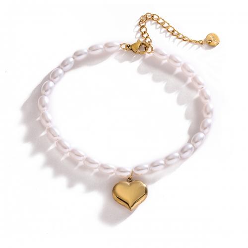 Titanium Steel Bracelet & Bangle with Plastic Pearl plated & for woman golden Sold By PC
