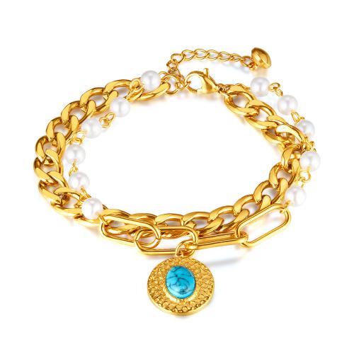 Stainless Steel Jewelry Bracelet 316 Stainless Steel with turquoise & Plastic Pearl with 3.5CM extender chain plated for woman Length Approx 15 cm Sold By PC