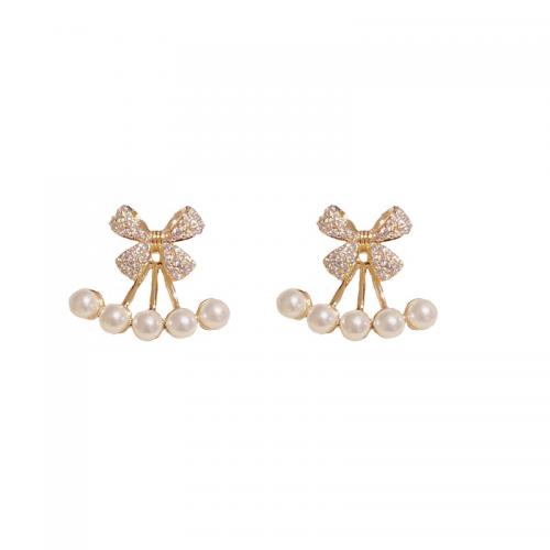 Brass Split Earring with Plastic Pearl Bowknot 14K gold plated for woman & with rhinestone Sold By Pair