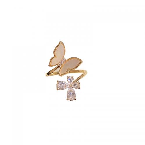 Brass Cuff Finger Ring with Shell Butterfly gold color plated for woman & with rhinestone US Ring Sold By PC