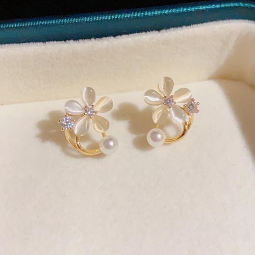 Brass Stud Earring with Cats Eye & Plastic Pearl Flower 14K gold plated micro pave cubic zirconia & for woman Sold By Pair