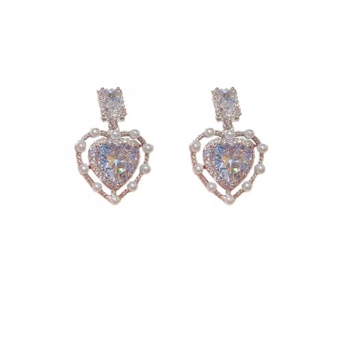 Brass Clip Earring with Plastic Pearl Heart plated micro pave cubic zirconia & for woman & hollow Sold By Pair