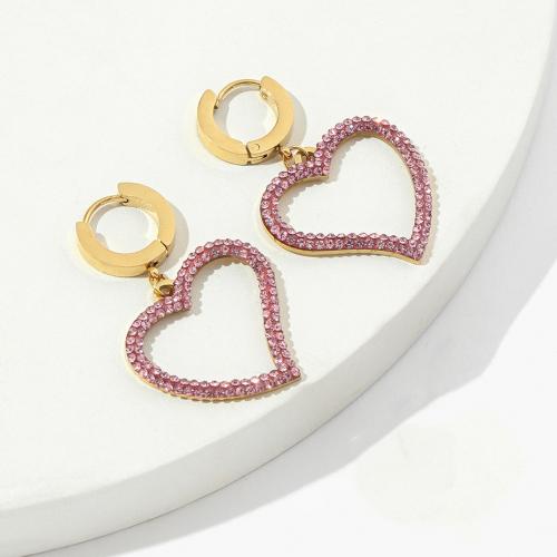 Titanium Steel  Earring Heart Vacuum Ion Plating fashion jewelry & for woman & with rhinestone & hollow pink Sold By Pair