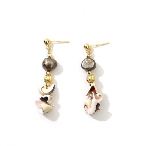 Freshwater Pearl Earrings Brass with Shell & Freshwater Pearl real gold plated fashion jewelry & for woman mixed colors nickel lead & cadmium free Sold By Pair