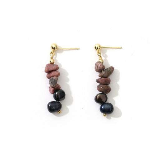 Freshwater Pearl Earrings Brass with Rhodonite & Freshwater Pearl real gold plated fashion jewelry & for woman mixed colors nickel lead & cadmium free Sold By Pair