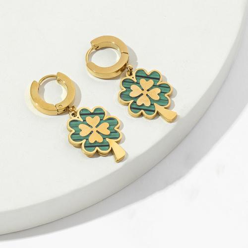 Titanium Steel  Earring with Acrylic Four Leaf Clover Vacuum Ion Plating fashion jewelry & for woman green Sold By Pair