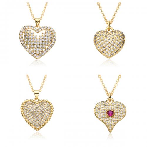 Cubic Zircon Micro Pave Brass Necklace Heart gold color plated fashion jewelry & micro pave cubic zirconia & for woman nickel lead & cadmium free Length Approx 41-50 cm Sold By PC