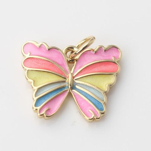 Messing Smykker Vedhæng, Butterfly, guldfarve belagt, du kan DIY & emalje, blandede farver, nikkel, bly & cadmium fri, 15.60x13.10x2.20mm, Solgt af PC