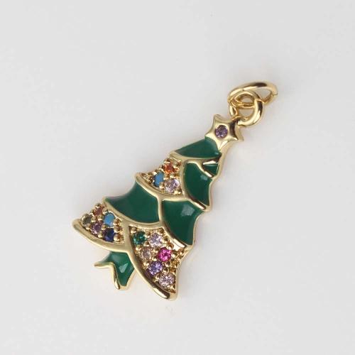 Cubic Zirconia Micro Pave Brass Pendant Christmas Tree gold color plated DIY & micro pave cubic zirconia & enamel green nickel lead & cadmium free Sold By PC
