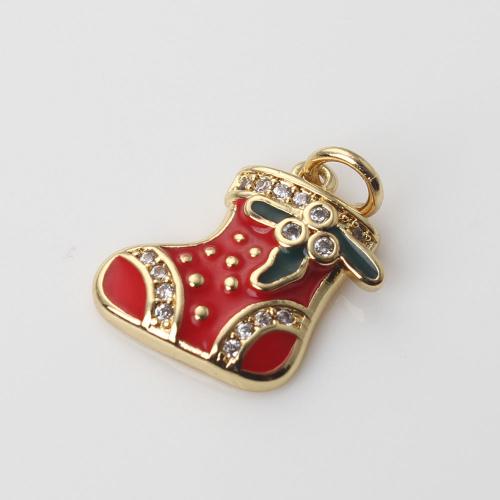 Cubic Zirconia Micro Pave Brass Pendant Christmas Sock gold color plated DIY & micro pave cubic zirconia & enamel red nickel lead & cadmium free Sold By PC