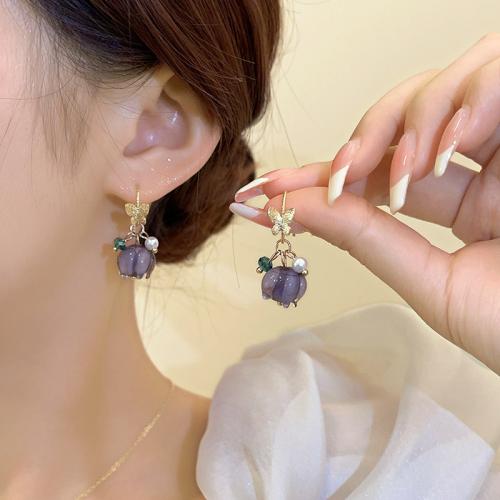 Zinc Alloy Drop Earrings with Lampwork & Plastic Pearl Flower plated fashion jewelry purple nickel lead & cadmium free Sold By Pair