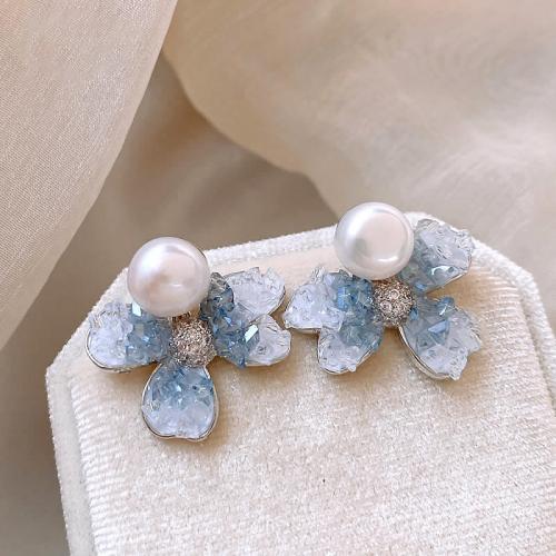 Zinc Alloy Stud Earring with ABS Plastic Pearl & Crystal Flower plated fashion jewelry & with rhinestone nickel lead & cadmium free Sold By Pair