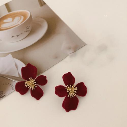 Zinc Alloy Stud Earring with Velveteen Flower plated fashion jewelry red nickel lead & cadmium free Sold By Pair