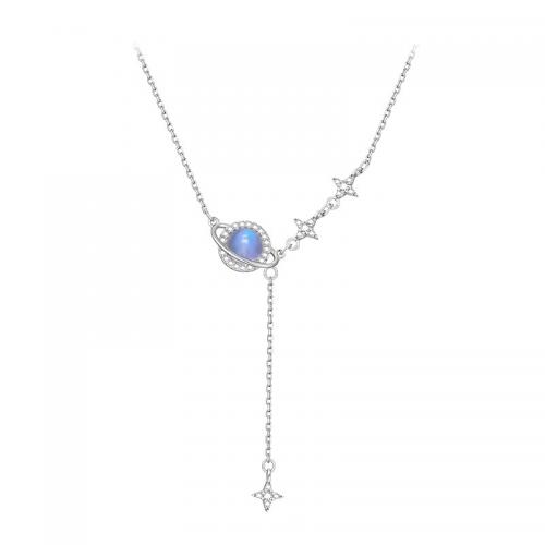 Cubic Zircon Micro Pave 925 Sterling Silver Necklace with Moonstone with 6CM extender chain Bowknot plated micro pave cubic zirconia & for woman silver color Length Approx 41 cm Sold By PC