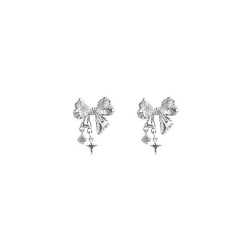 Zinc Alloy Drop Earring Bowknot platinum color plated & for woman & with rhinestone Sold By Pair