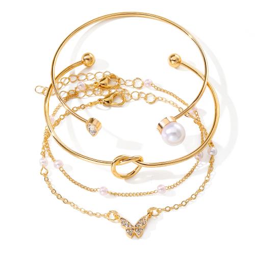 Zinc Alloy Bracelet Set with Plastic Pearl gold color plated 4 pieces & for woman & with rhinestone Sold By Set