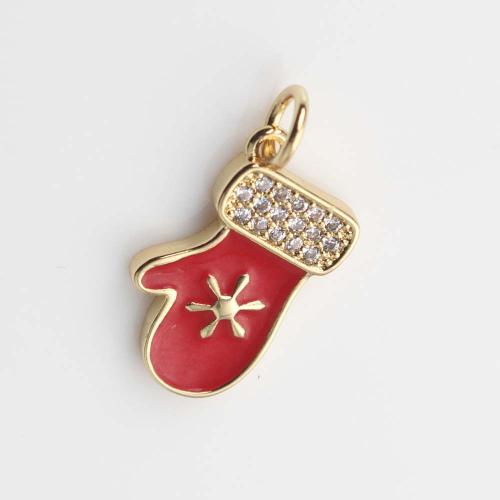 Cubic Zirconia Micro Pave Brass Pendant Christmas Glove gold color plated DIY & micro pave cubic zirconia & enamel red nickel lead & cadmium free Sold By PC