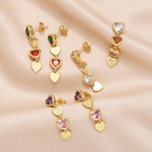 Cubic Zirconia Micro Pave Brass Earring Heart plated fashion jewelry & micro pave cubic zirconia nickel lead & cadmium free Sold By Pair