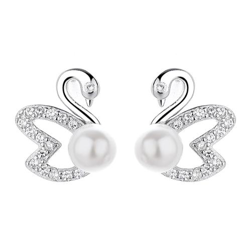 Cubic Zirconia Micro Pave Sterling Silver Earring 925 Sterling Silver with Plastic Pearl Swan plated micro pave cubic zirconia & for woman Sold By Pair