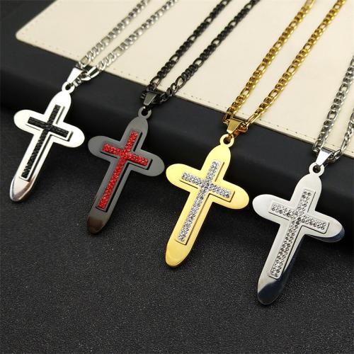 Stainless Steel Jewelry Necklace 304 Stainless Steel Cross polished fashion jewelry & Unisex & with rhinestone Length Approx 50 cm Sold By PC