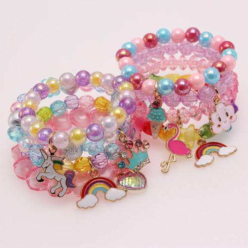 Acrylic Bracelets plated for children & enamel & with rhinestone The bracelet is 16cm long and the bead size is 10mm Sold By Set