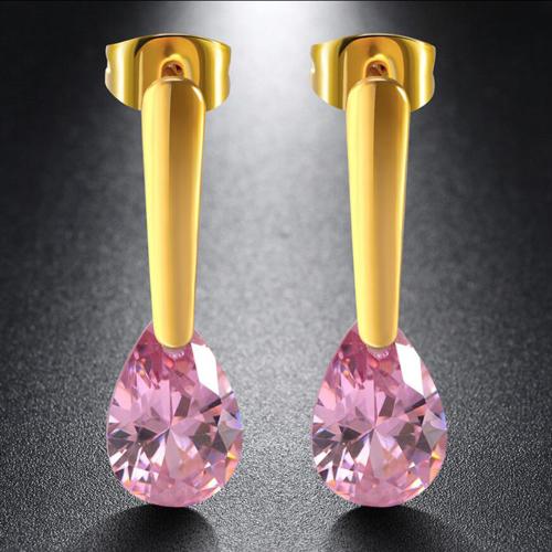 Titanium Steel  Earring with Cubic Zirconia gold color plated & for woman 25mm Sold By Pair