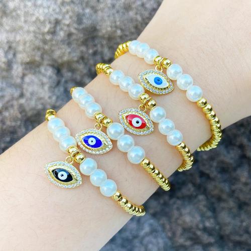Evil Eye Jewelry Bracelet Brass with Plastic Pearl plated fashion jewelry & micro pave cubic zirconia nickel lead & cadmium free The inner diameter of the bracelet is 55cm Sold By PC