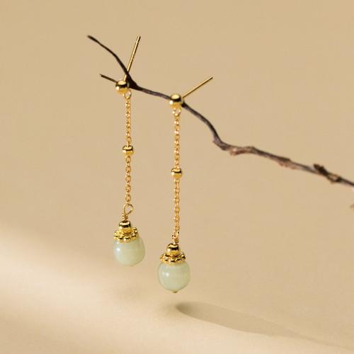 925 Sterling Silver Drop Earring with Jade Round plated vintage & for woman Sold By Pair