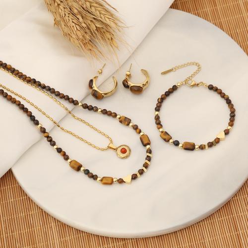 Fashion Stainless Steel Jewelry Sets 304 Stainless Steel with Tiger Eye & Brass with 5cm extender chain fashion jewelry & for woman Length Approx 40 cm Sold By PC
