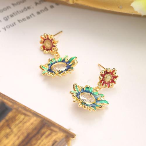 Zinc Alloy Drop Earrings Flower plated fashion jewelry & enamel & with rhinestone multi-colored nickel lead & cadmium free Sold By Pair