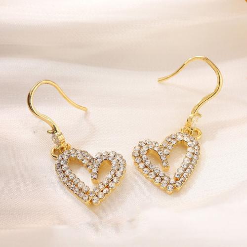 Zinc Alloy Drop Earrings Heart plated fashion jewelry & with rhinestone golden nickel lead & cadmium free Sold By Pair