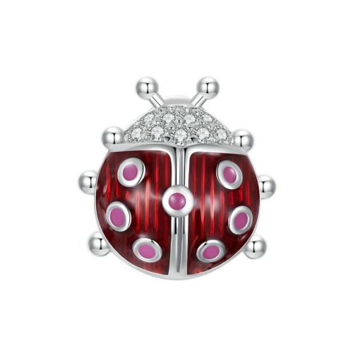 925 Sterling Silver Beads Ladybug plated DIY & micro pave cubic zirconia & enamel silver color Approx 4.5mm Sold By PC