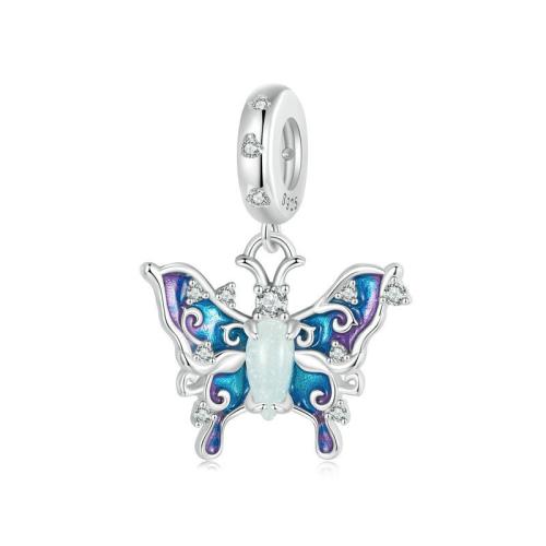 Cubic Zirconia Micro Pave 925 Sterling Silver Pendant with Night-Light Stone Butterfly plated DIY & micro pave cubic zirconia & enamel platinum color Approx 4.5mm Sold By PC