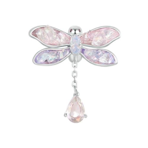 925 Sterling Silver European Pendant with Opal & Glass Dragonfly plated DIY & micro pave cubic zirconia & enamel platinum color Sold By PC