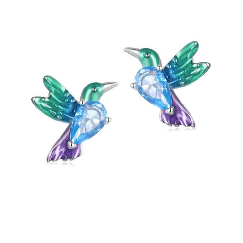Cubic Zirconia Micro Pave Sterling Silver Earring 925 Sterling Silver Bird plated micro pave cubic zirconia & for woman & enamel platinum color Sold By Pair