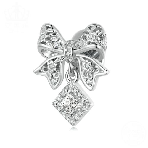 925 Sterling Silver European Beads Bowknot plated DIY & micro pave cubic zirconia platinum color Sold By PC