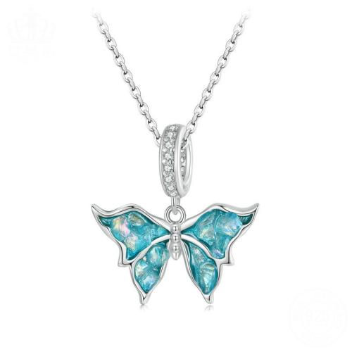 Cubic Zirconia Micro Pave 925 Sterling Silver Pendant with Glass Butterfly plated & micro pave cubic zirconia & for woman & enamel platinum color Sold By PC