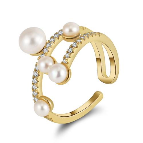 Freshwater Pearl Finger Ring 925 Sterling Silver with Freshwater Pearl plated micro pave cubic zirconia & for woman golden Sold By PC