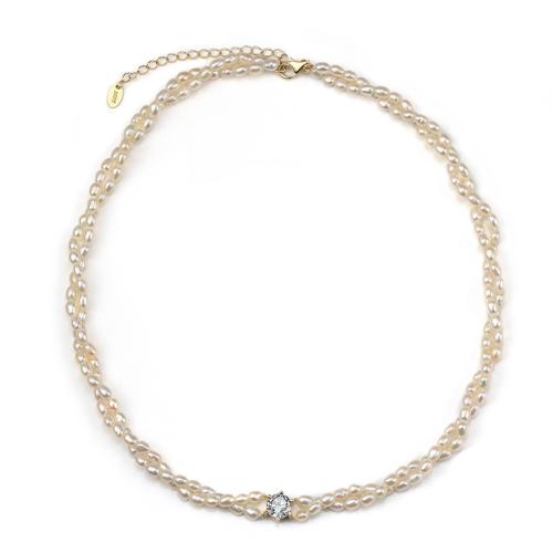 925 Sterling Stříbrný perlový náhrdelník, 925 Sterling Silver, s Sladkovodní Pearl, s 5CM extender řetězce, micro vydláždit kubické zirkony & pro ženy, zlatý, Délka Cca 40 cm, Prodáno By PC