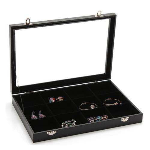 بو صندوق مجوهرات متعددة الوظائف, مع الخشب مركب & ملابس مخملية & زجاج, المستطيل, الغبار & شفاف & أنماط مختلفة للاختيار, أسود, 350x240x45mm, تباع بواسطة PC