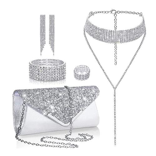Zinc Alloy Jewelry Sets finger ring & bracelet & earring & necklace with Cloth silver color plated 5 pieces & for woman & with rhinestone nickel lead & cadmium free Sold By Set