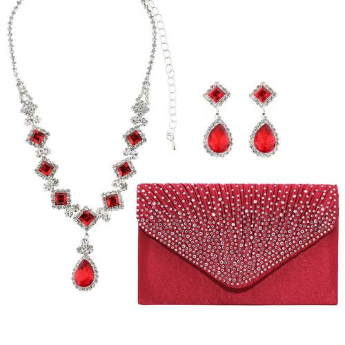 Zinc Alloy Jewelry Sets earring & necklace with Cloth silver color plated three pieces & for woman & with rhinestone red nickel lead & cadmium free Sold By Set