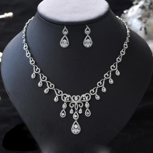 Cubic Zirconia Micro Pave Brass Jewelry Sets Stud Earring & necklace 2 pieces & fashion jewelry & micro pave cubic zirconia & for woman silver color nickel lead & cadmium free Length Approx 42 cm Sold By Set