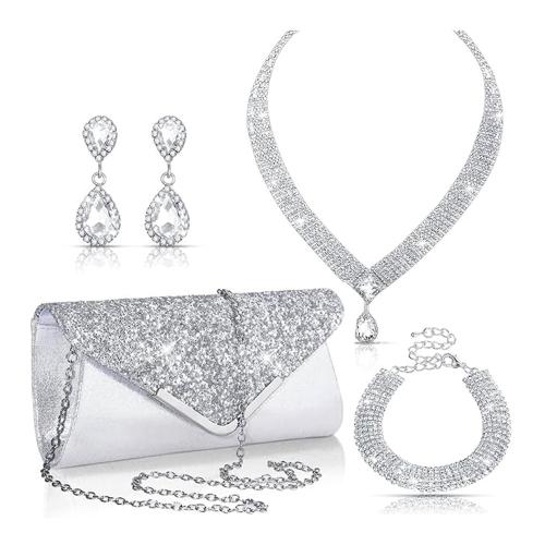 Zinc Alloy Jewelry Sets bracelet & earring & necklace with Cloth silver color plated 4 pieces & for woman & with rhinestone nickel lead & cadmium free Sold By Set